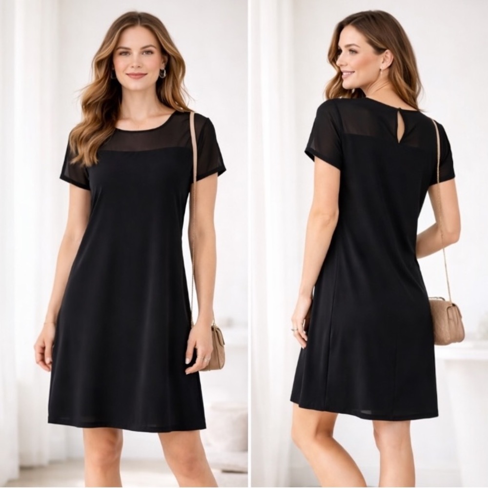 Vince Camuto Black Dress Sheer Yoke Short Sleeve NWT Size M